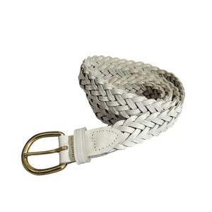 White Braided Genuine Leather Belt Womens XL Gold Buckle Woven Made in Guatemala